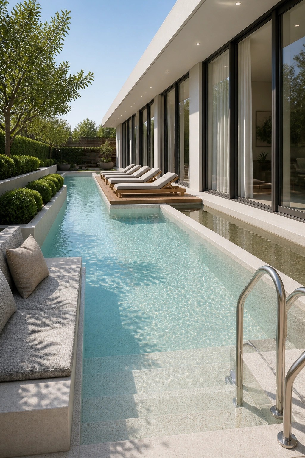 Modern rectangular pool with lounge chairs beside sleek glass-walled home on sunny day