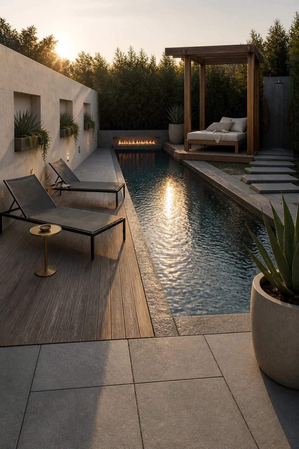 A narrow rectangular pool with a long wooden deck running along one side, furnished with dark lounge chairs and a small side table, plus a wooden pergola structure at the far end.