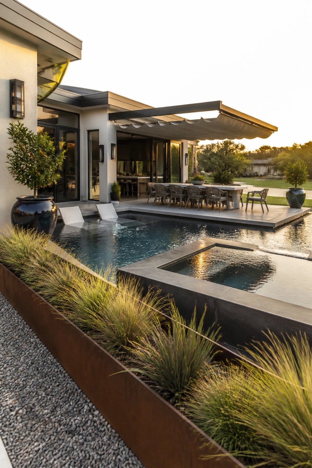 Modern home exterior with a long pool, outdoor dining table under a gray fabric awning, and adjacent water feature at sunset.