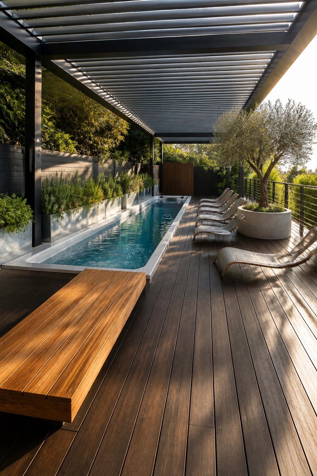 A rectangular lap pool sits under a modern slatted pergola on a dark wood deck, with several lounge chairs arranged in a row beside a large concrete planter.