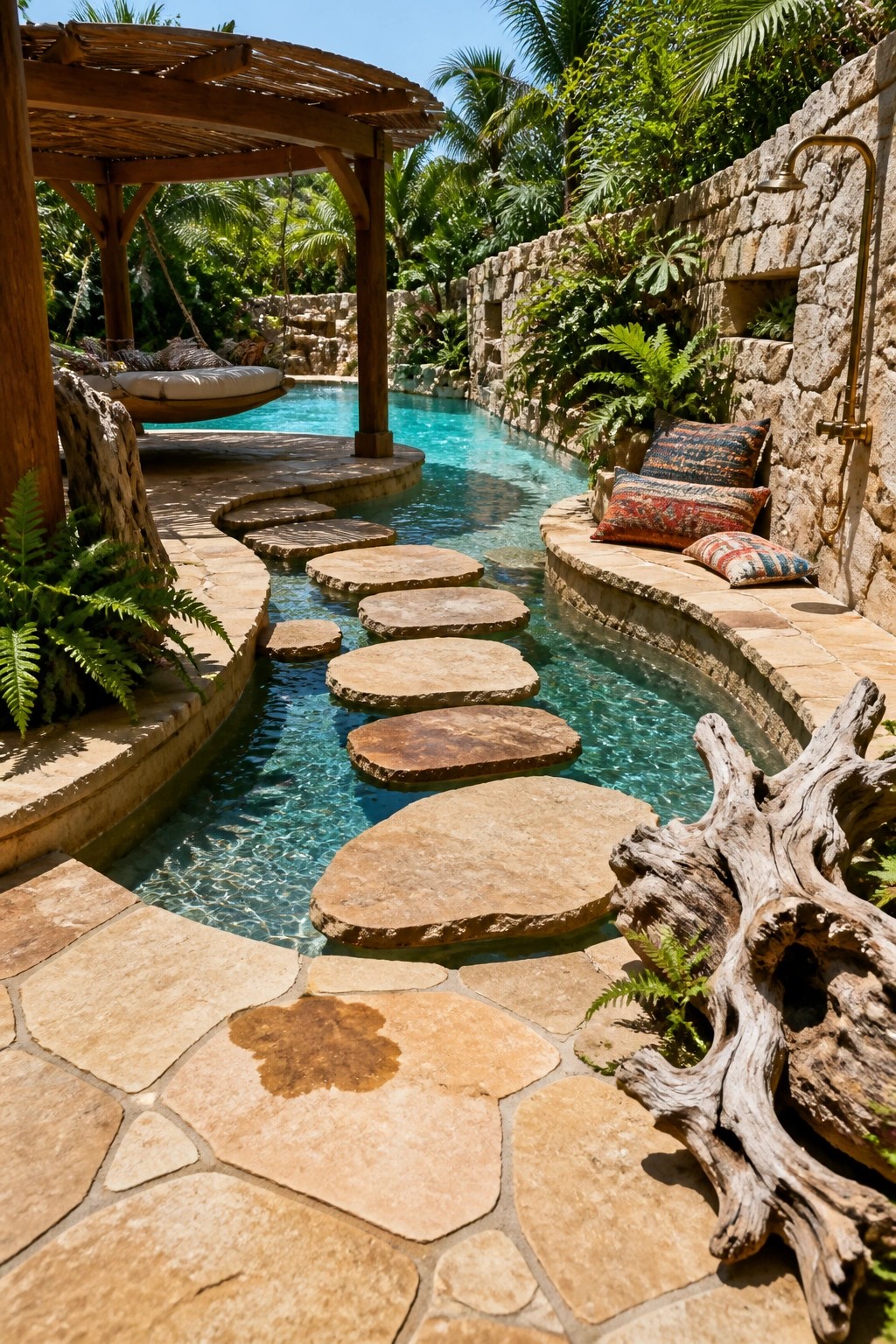 A resort-style pool with large flat stepping stones crossing the water, a curved stone patio edge with cushions, a wooden pergola, and tropical landscaping.