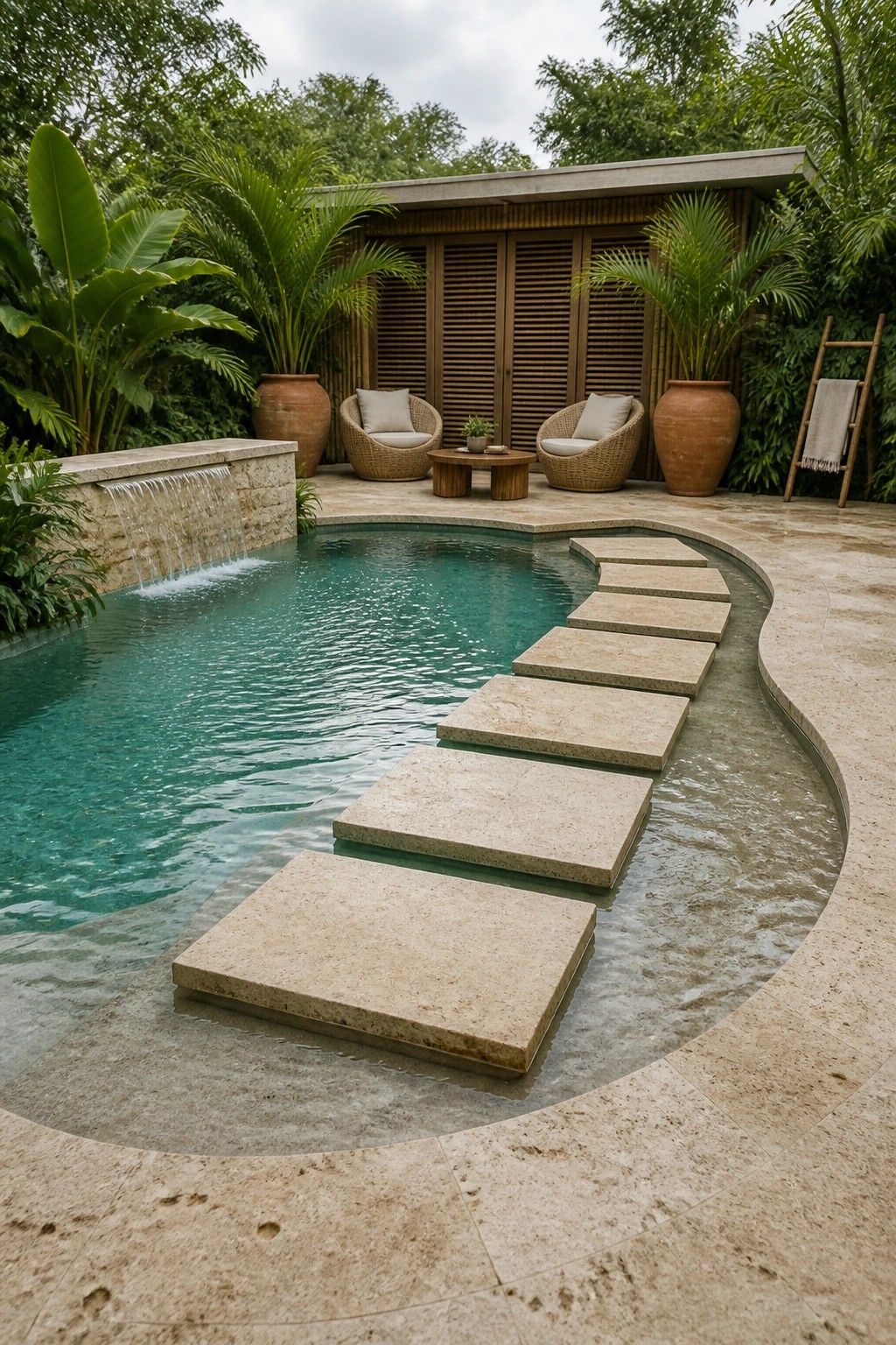 Tranquil curved pool with stepping stones, waterfall, wicker chairs, and tropical plants