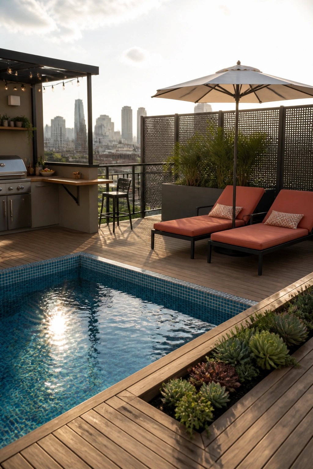Rooftop pool patio with rectangular blue-tiled pool set into wide wooden decking, two coral lounge chairs under a white umbrella, built-in planters, and an outdoor kitchen area against a city skyline.