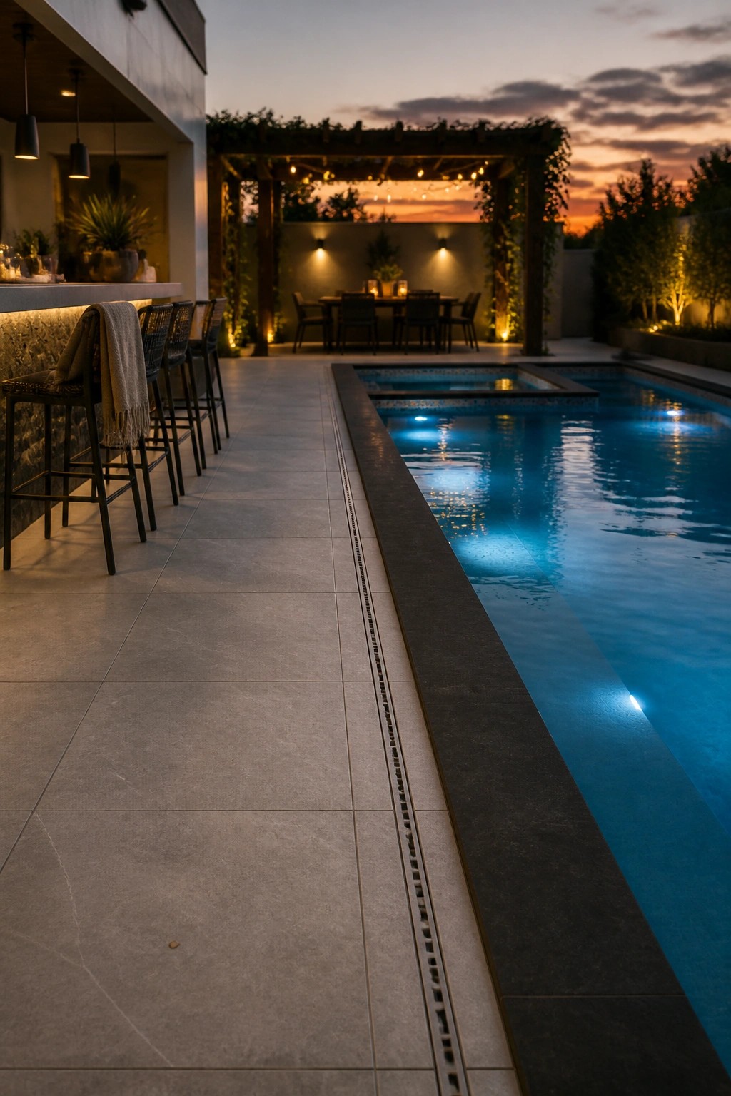 21 Sleek Modern Pool Tile Ideas for a High-End Finish A long rectangular pool with bright blue tile along the interior edge, set beside a gray tiled patio with bar stools and a wooden pergola dining area at dusk.