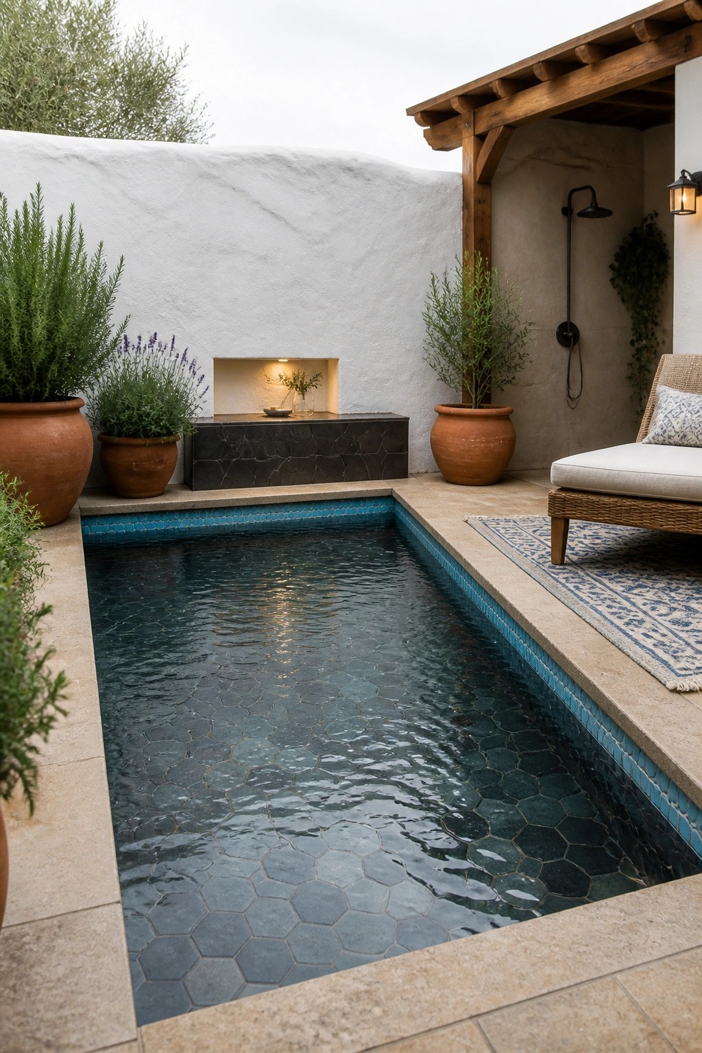 21 Sleek Modern Pool Tile Ideas for a High-End Finish A rectangular pool with dark hexagonal tiles and blue mosaic edging, set in a stone-paved courtyard with potted plants and outdoor seating.
