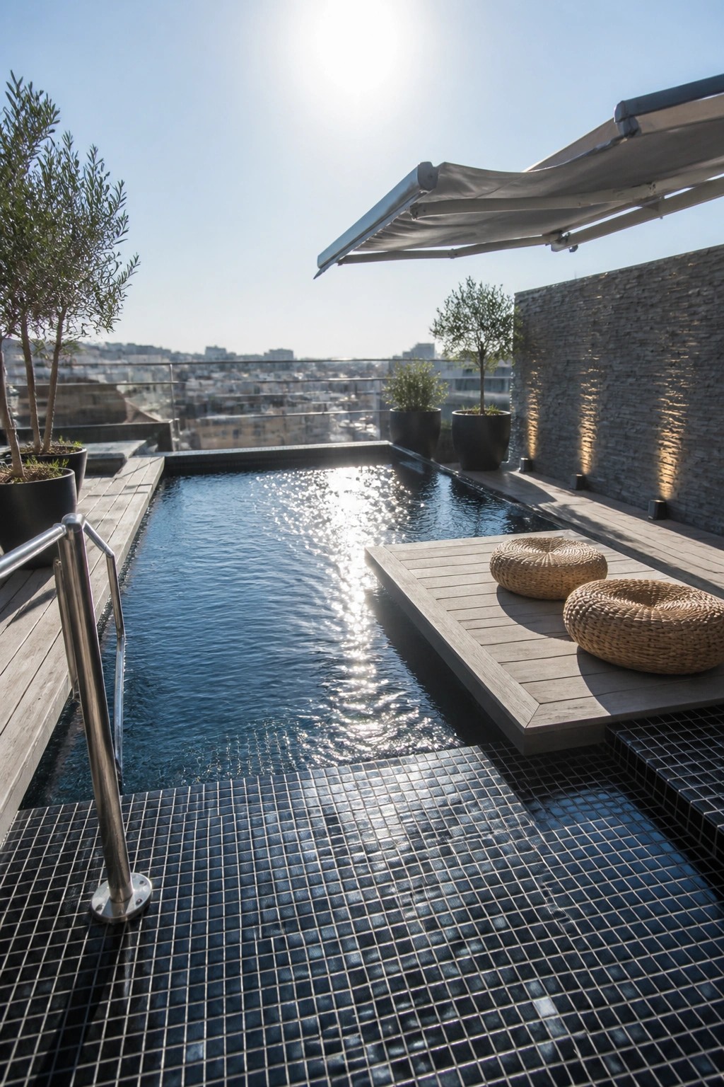 21 Sleek Modern Pool Tile Ideas for a High-End Finish Rooftop pool with dark blue mosaic tiles, light wood decking, woven ottomans, and potted trees overlooking a city skyline.