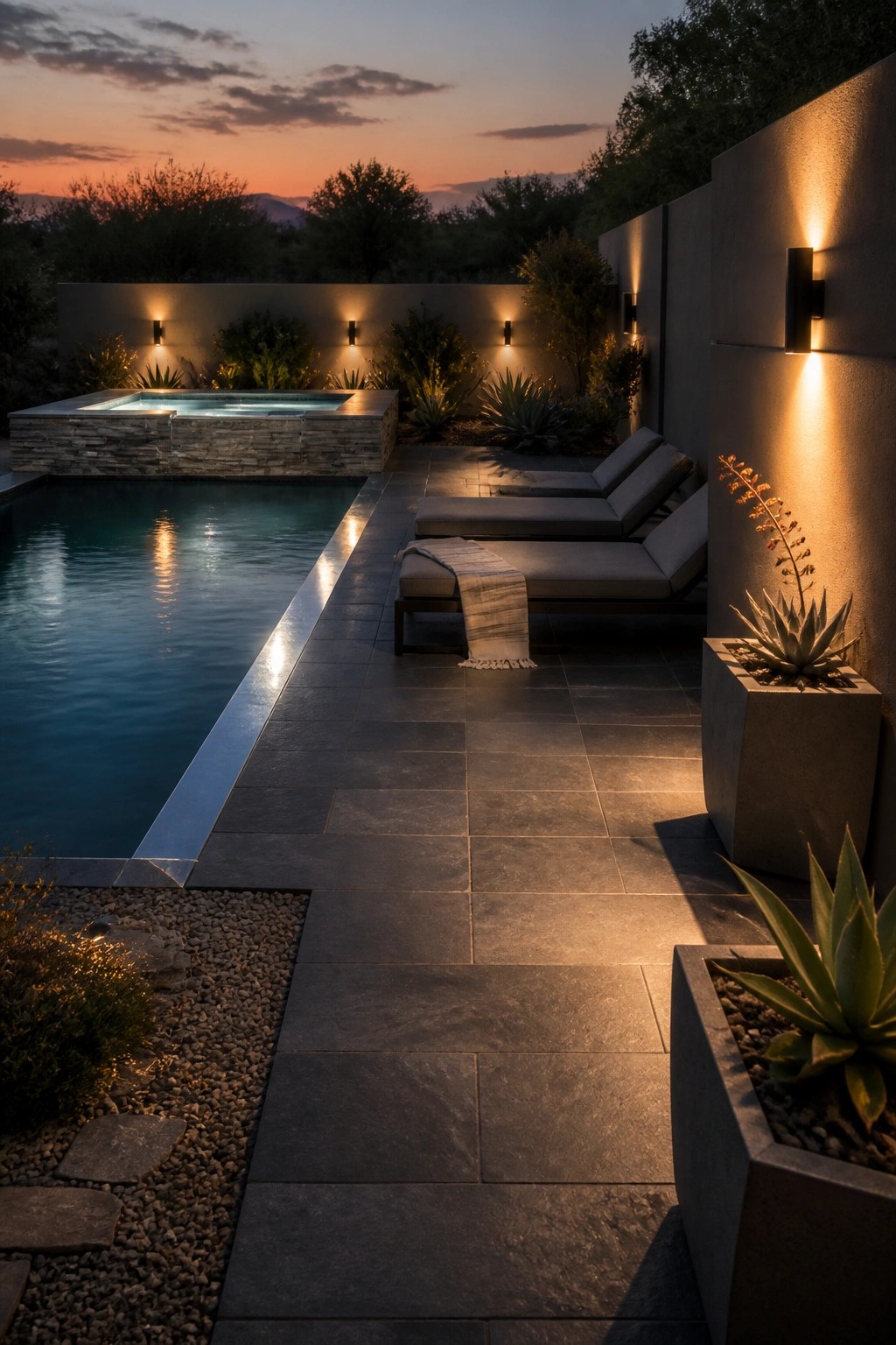 21 Sleek Modern Pool Tile Ideas for a High-End Finish An outdoor pool with dark stone tile decking, lounge chairs along the edge, wall sconces, and potted plants at dusk.