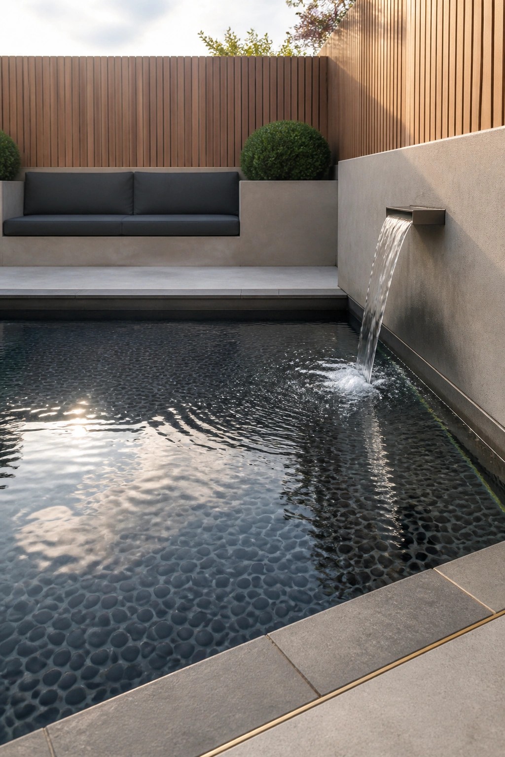 21 Sleek Modern Pool Tile Ideas for a High-End Finish Modern outdoor pool with dark textured pebble tile and a wall-mounted water spout.