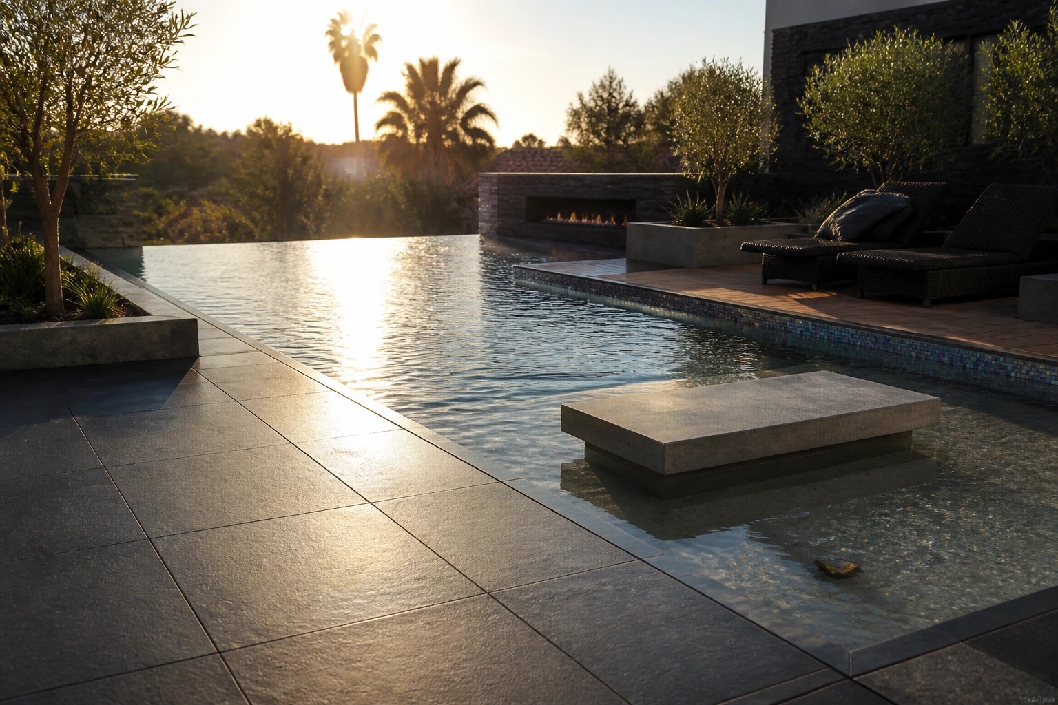 21 Sleek Modern Pool Tile Ideas for a High-End Finish Modern outdoor pool with iridescent mosaic tile edging, large gray concrete deck tiles, dark lounge chairs, and a built-in fire feature in the background.