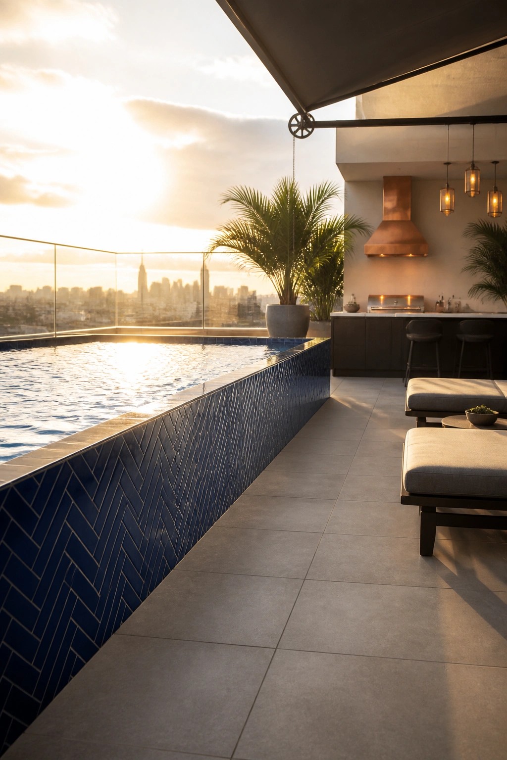 21 Sleek Modern Pool Tile Ideas for a High-End Finish Rooftop pool with dark blue herringbone tile edging next to a light gray tiled patio and outdoor kitchen.