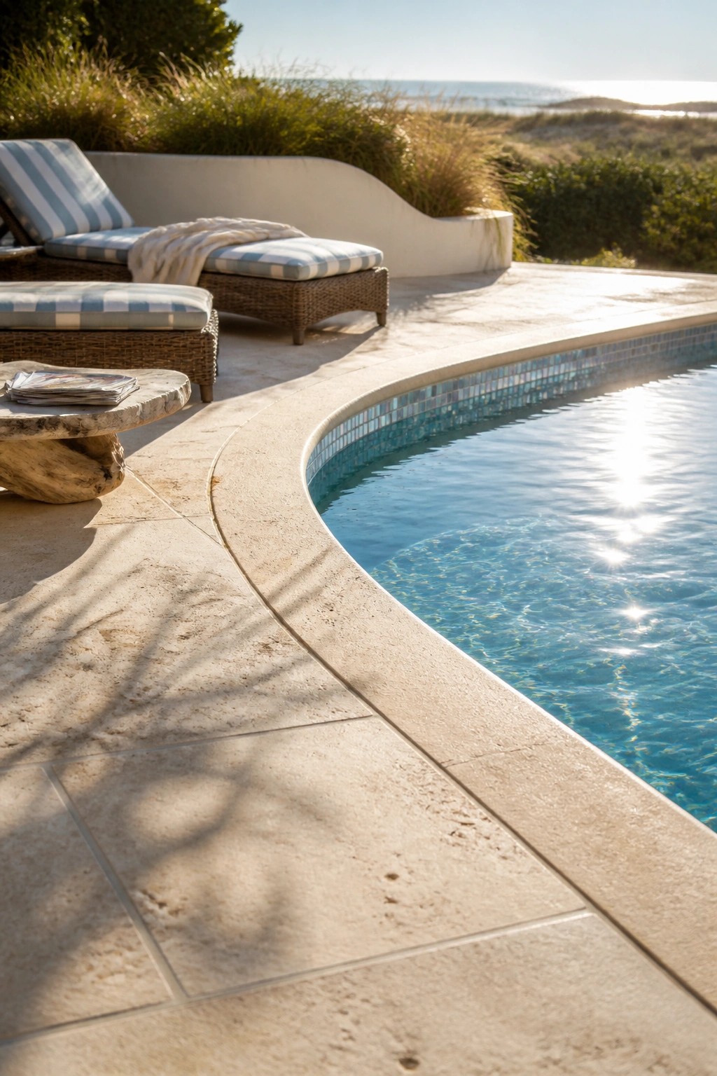 21 Sleek Modern Pool Tile Ideas for a High-End Finish A curved swimming pool with blue iridescent mosaic tiles along the rim, set in a light stone deck next to two wicker lounge chairs with striped cushions.