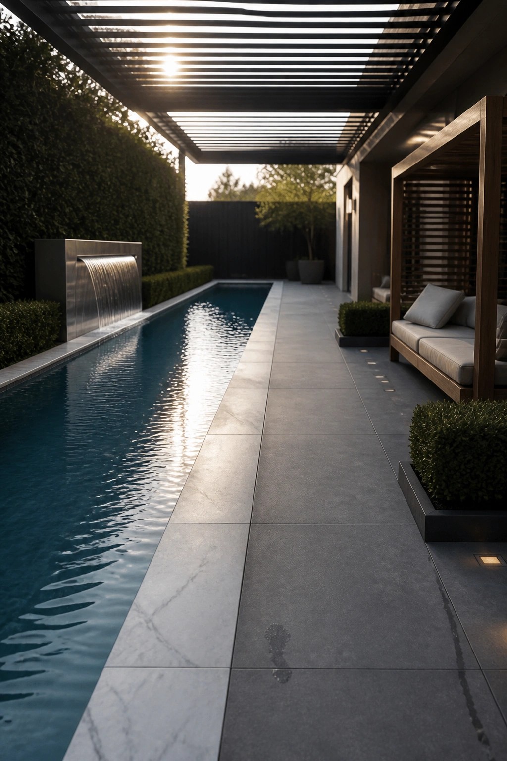 21 Sleek Modern Pool Tile Ideas for a High-End Finish Modern lap pool with waterfall, gray stone path, and lounge under slatted pergola