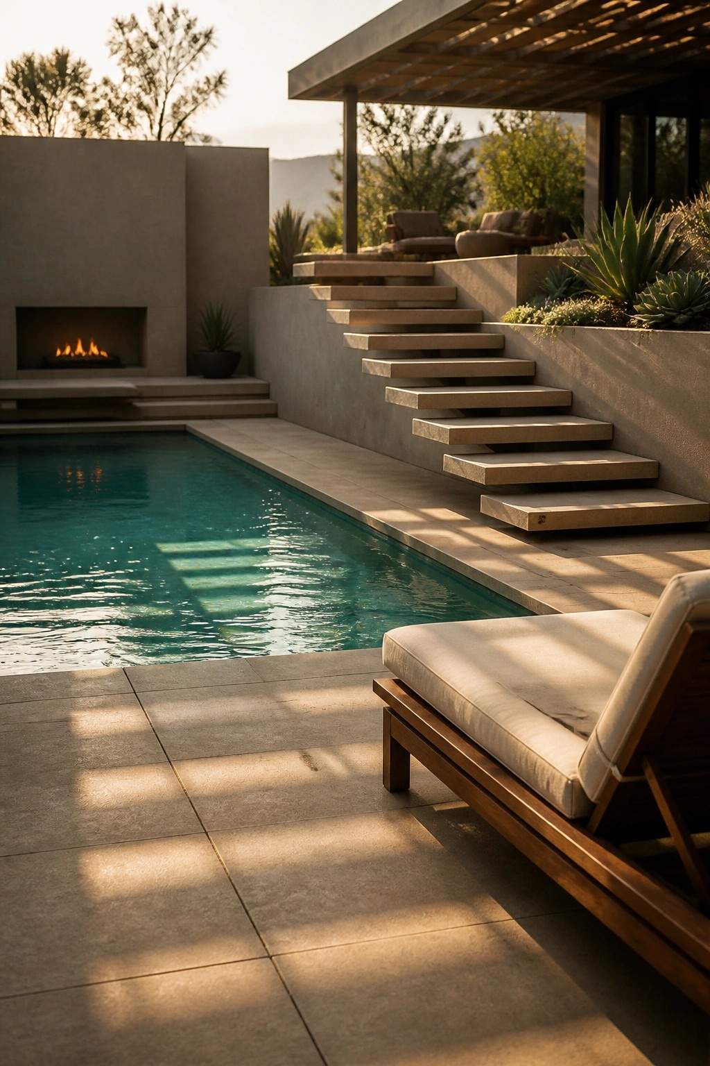 21 Sleek Modern Pool Tile Ideas for a High-End Finish Modern outdoor pool with large light-colored stone tiles on the deck, floating concrete steps, a built-in fireplace on the wall, and a wooden lounge chair in the foreground.