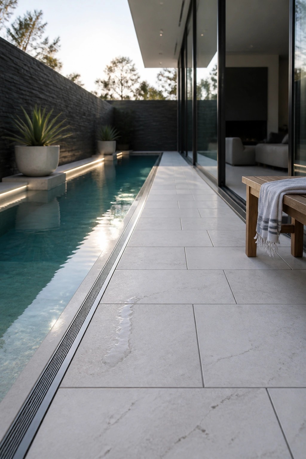 21 Sleek Modern Pool Tile Ideas for a High-End Finish A long narrow pool lined with light gray large format tiles on the deck beside a modern house with open glass doors and a wooden bench.