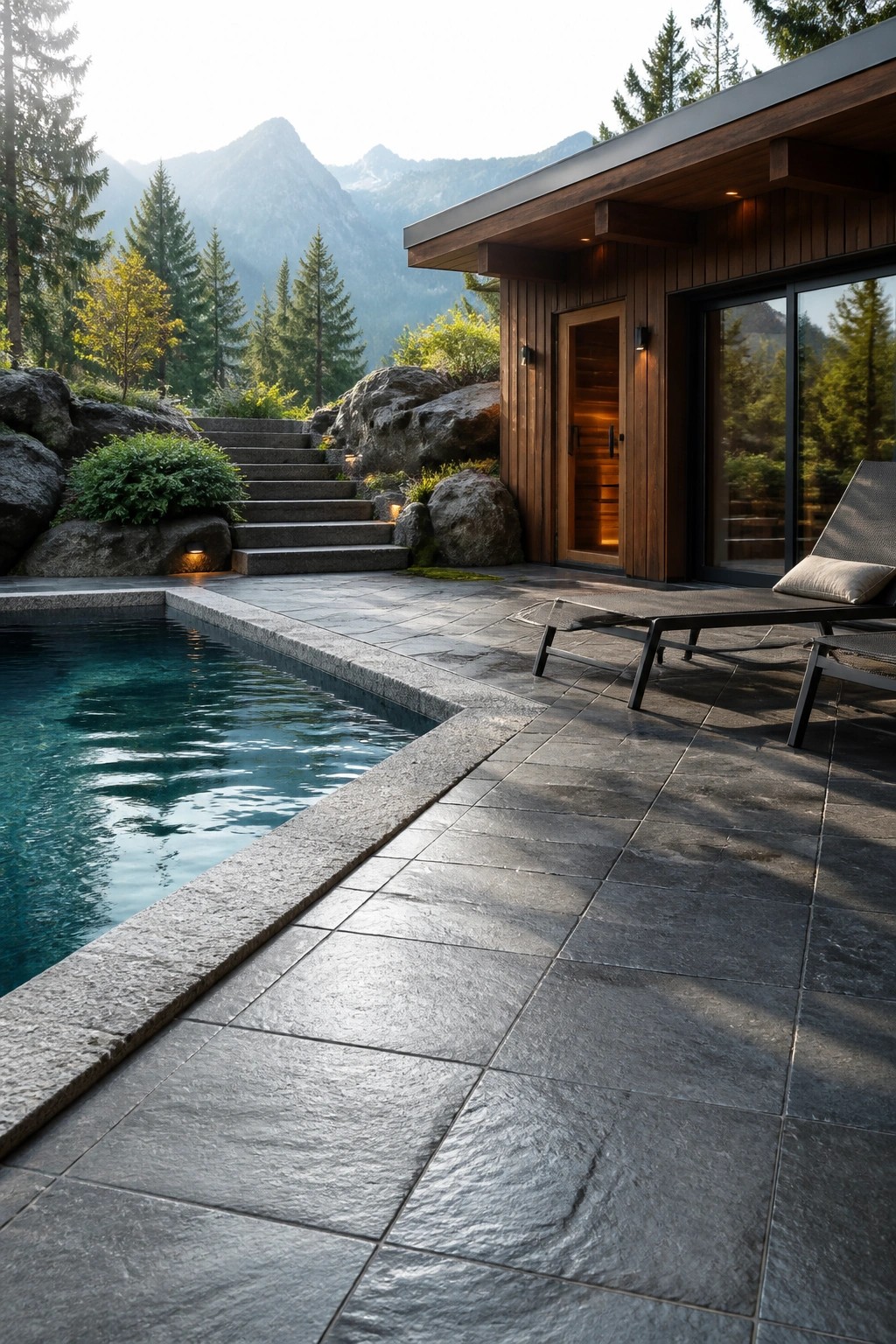 21 Sleek Modern Pool Tile Ideas for a High-End Finish A modern outdoor pool with large dark stone tiles covering the deck and coping, a wooden pool house, lounge chairs, and mountains in the background.