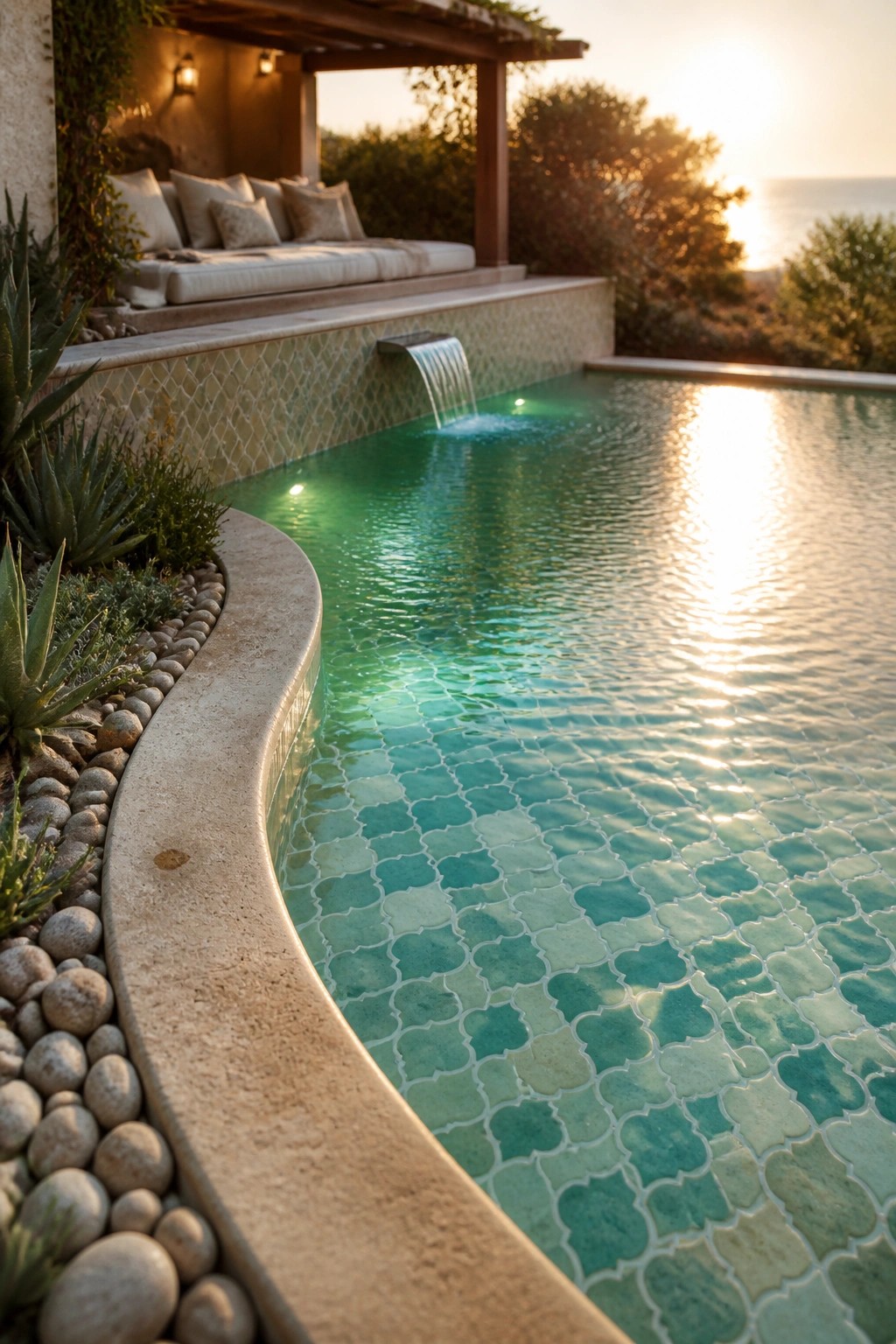 21 Sleek Modern Pool Tile Ideas for a High-End Finish Luxurious pool with green mosaic tiles, waterfall, lounge seating, and ocean sunset.