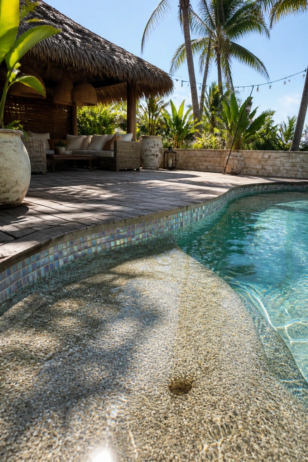 21 Sleek Modern Pool Tile Ideas for a High-End Finish Tropical resort pool with mosaic tiles, thatched cabana, wooden deck, and palm trees