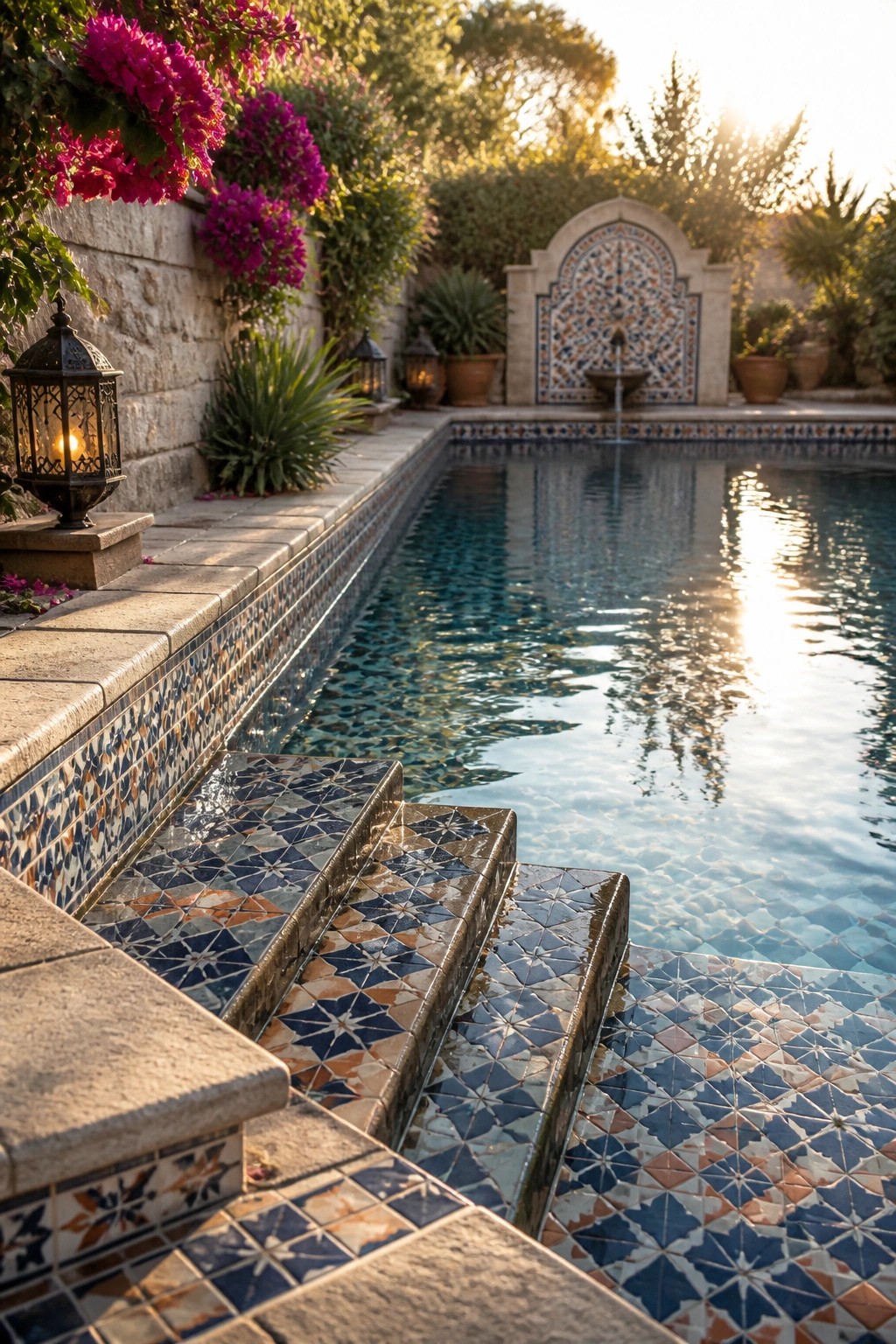21 Sleek Modern Pool Tile Ideas for a High-End Finish A long rectangular pool with colorful mosaic tile steps in the foreground, a decorative fountain wall at the far end, and lanterns beside a stone wall with pink flowers.