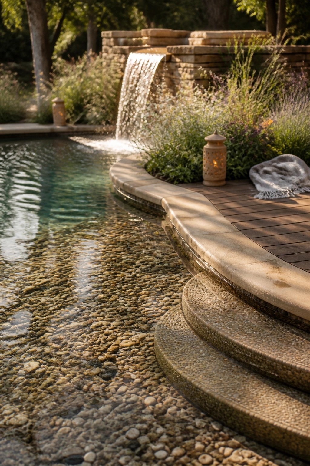 21 Sleek Modern Pool Tile Ideas for a High-End Finish A backyard pool with curved mosaic-tiled steps, stone coping, a pebble bottom, and a small waterfall flowing into the water.