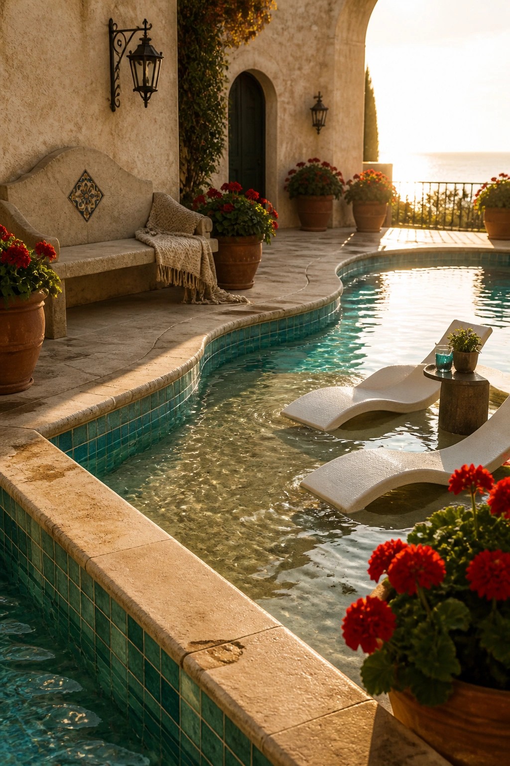 21 Sleek Modern Pool Tile Ideas for a High-End Finish A curved pool with teal mosaic tile along the edge, white lounge chairs, potted red flowers, and a stone bench on a patio overlooking the sea.