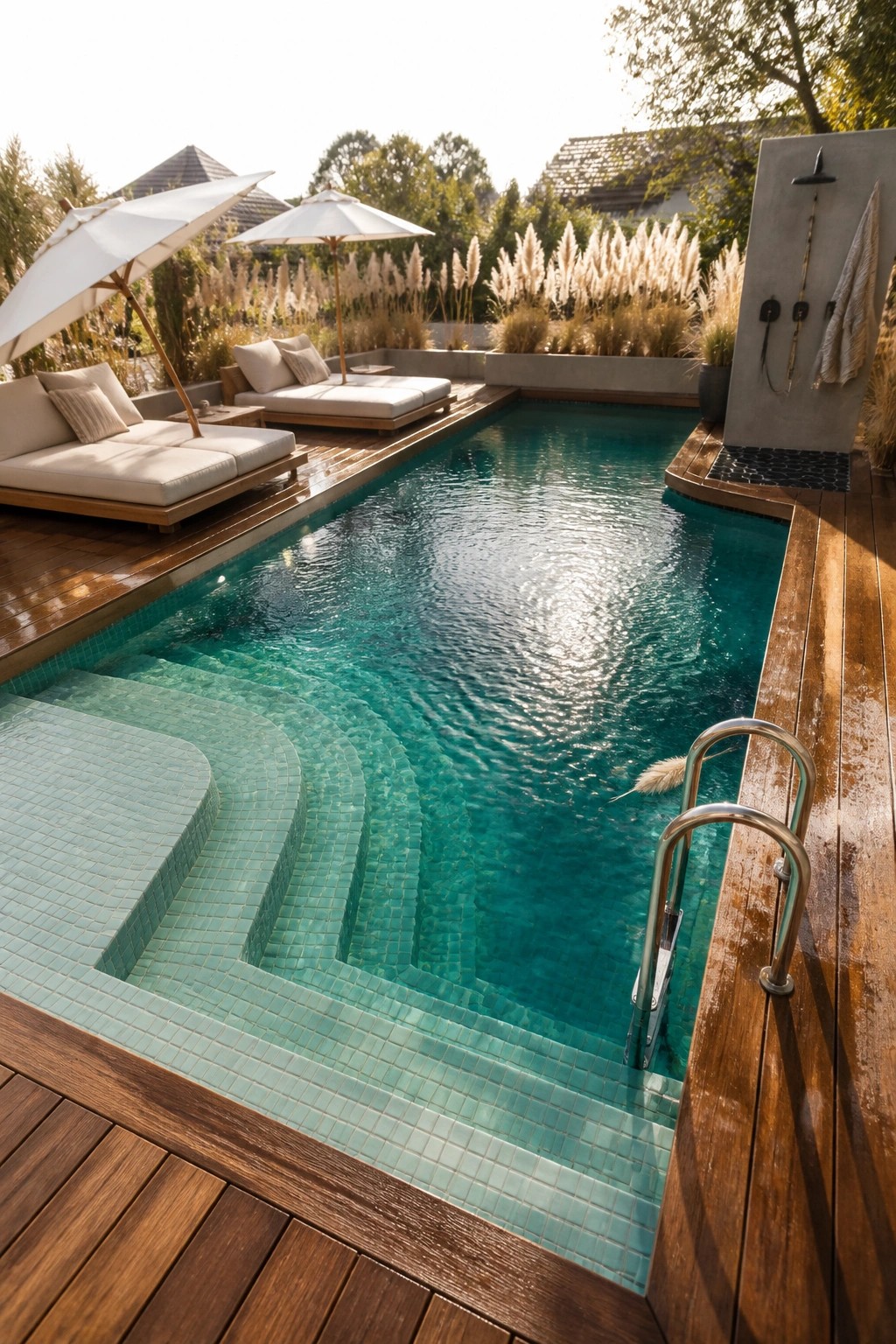 21 Sleek Modern Pool Tile Ideas for a High-End Finish A rectangular swimming pool with light aqua mosaic tile steps and edges, wooden decking, lounge chairs with umbrellas, and an outdoor shower on the right.