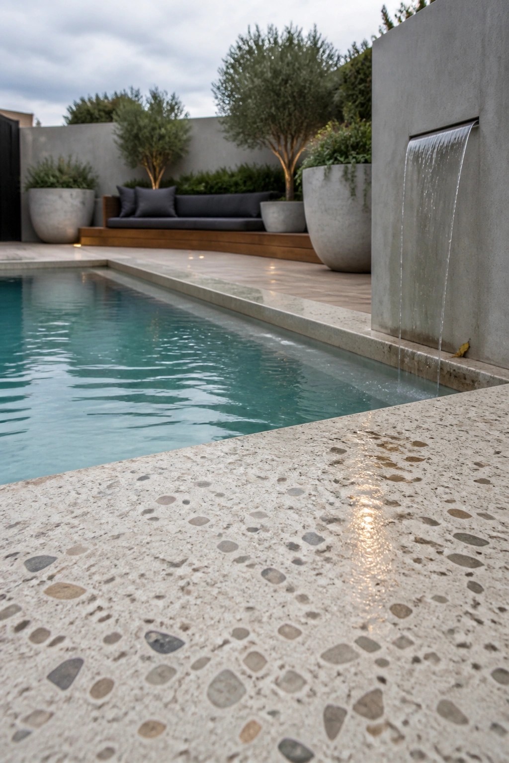 21 Sleek Modern Pool Tile Ideas for a High-End Finish Modern pool with cascading waterfall, large concrete planters, and outdoor lounge seating.