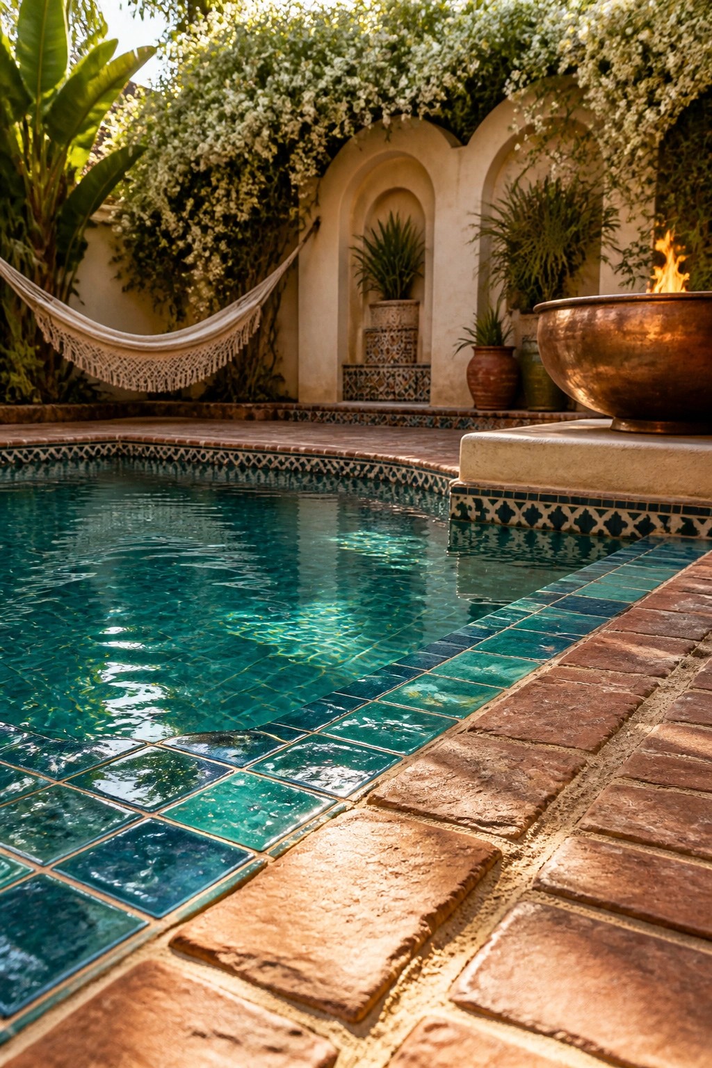 21 Sleek Modern Pool Tile Ideas for a High-End Finish Turquoise pool with blue-green tiles, brick patio, hammock, arches with plants, and copper fire bowl.