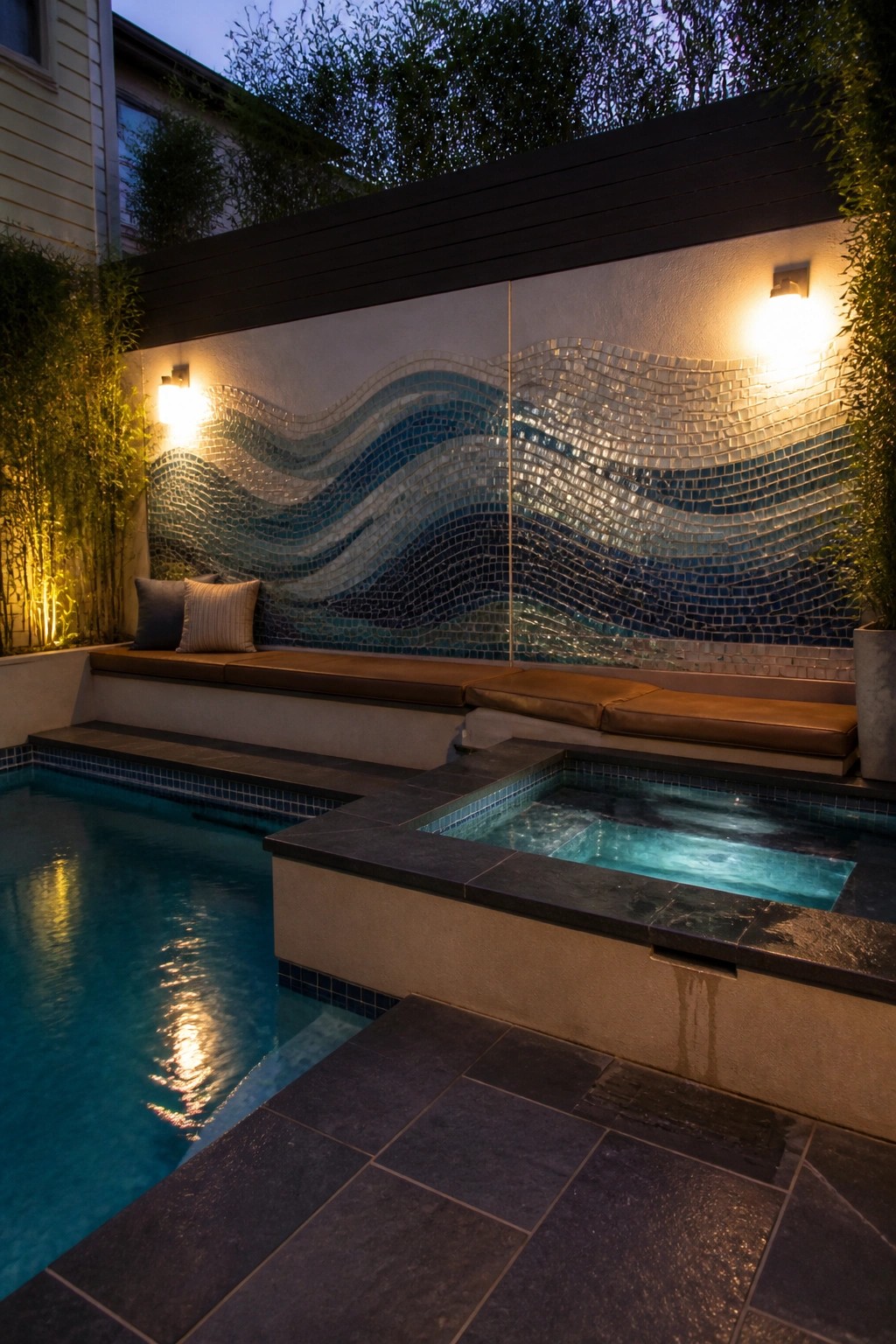 21 Sleek Modern Pool Tile Ideas for a High-End Finish An outdoor pool area at dusk shows a blue and white wave-pattern mosaic tile wall above a small illuminated spa, with built-in seating and dark stone decking.