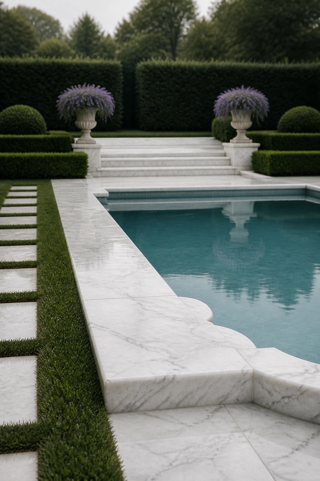21 Sleek Modern Pool Tile Ideas for a High-End Finish A rectangular swimming pool with white marble coping and decking, bordered by formal hedges, stone steps, and two large urns with purple flowers.