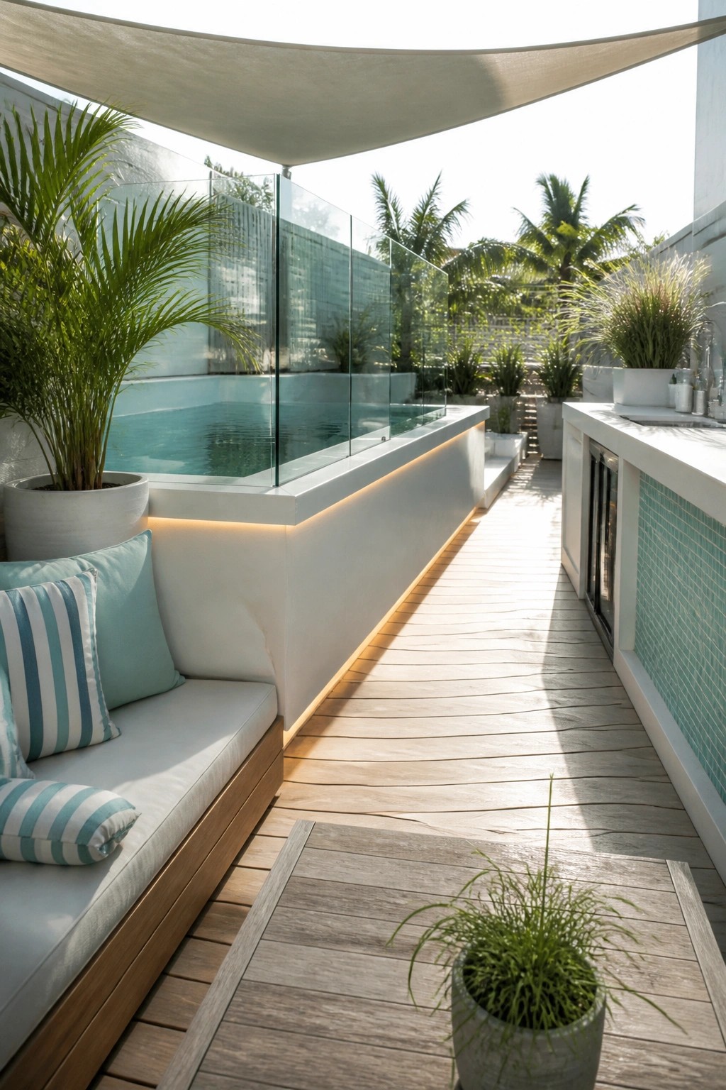 Modern terrace with plunge pool, white lounge seating, wooden deck, and potted palms