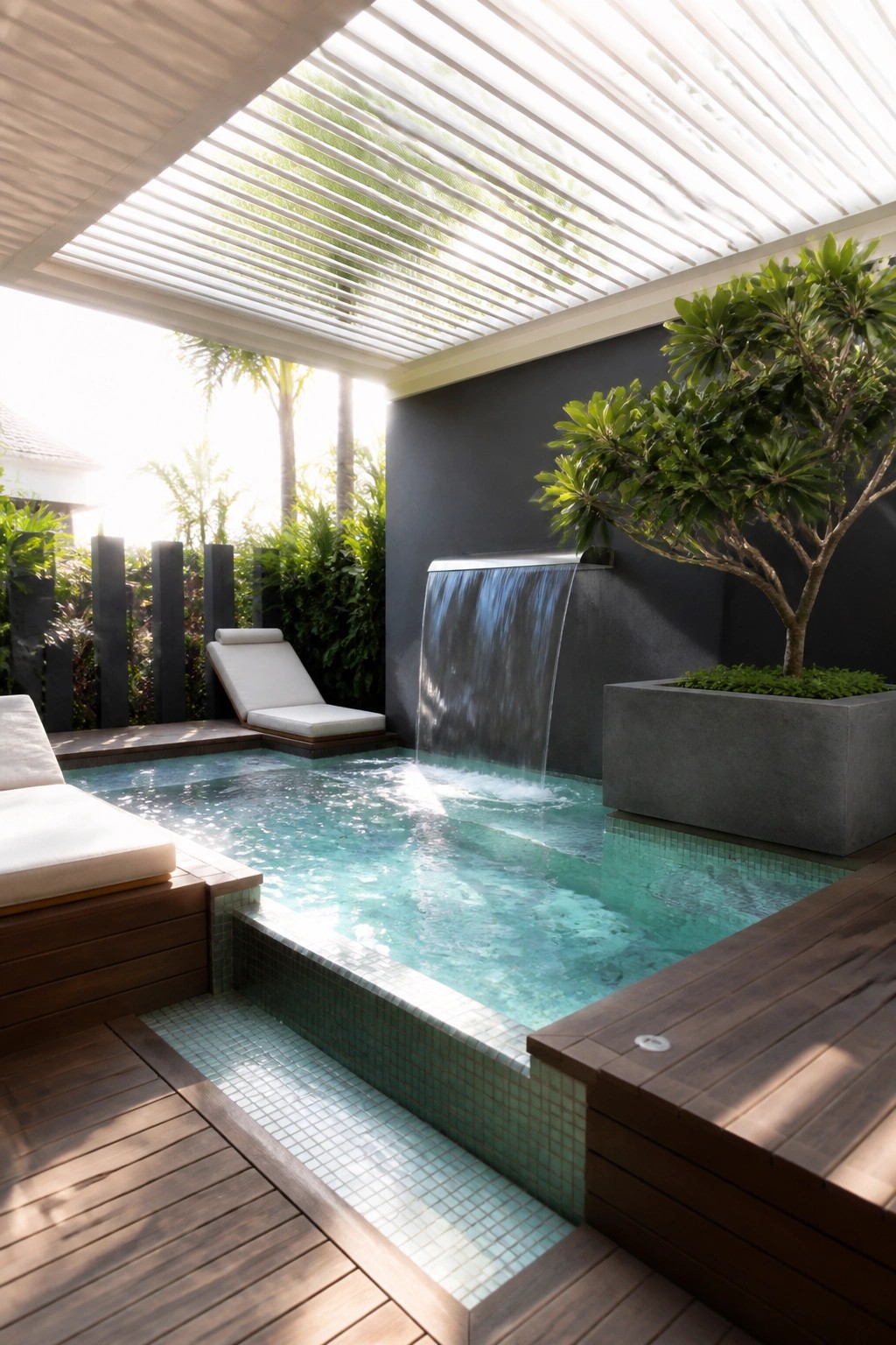 Modern plunge pool with cascading waterfall, wooden decking, and white lounge chairs.