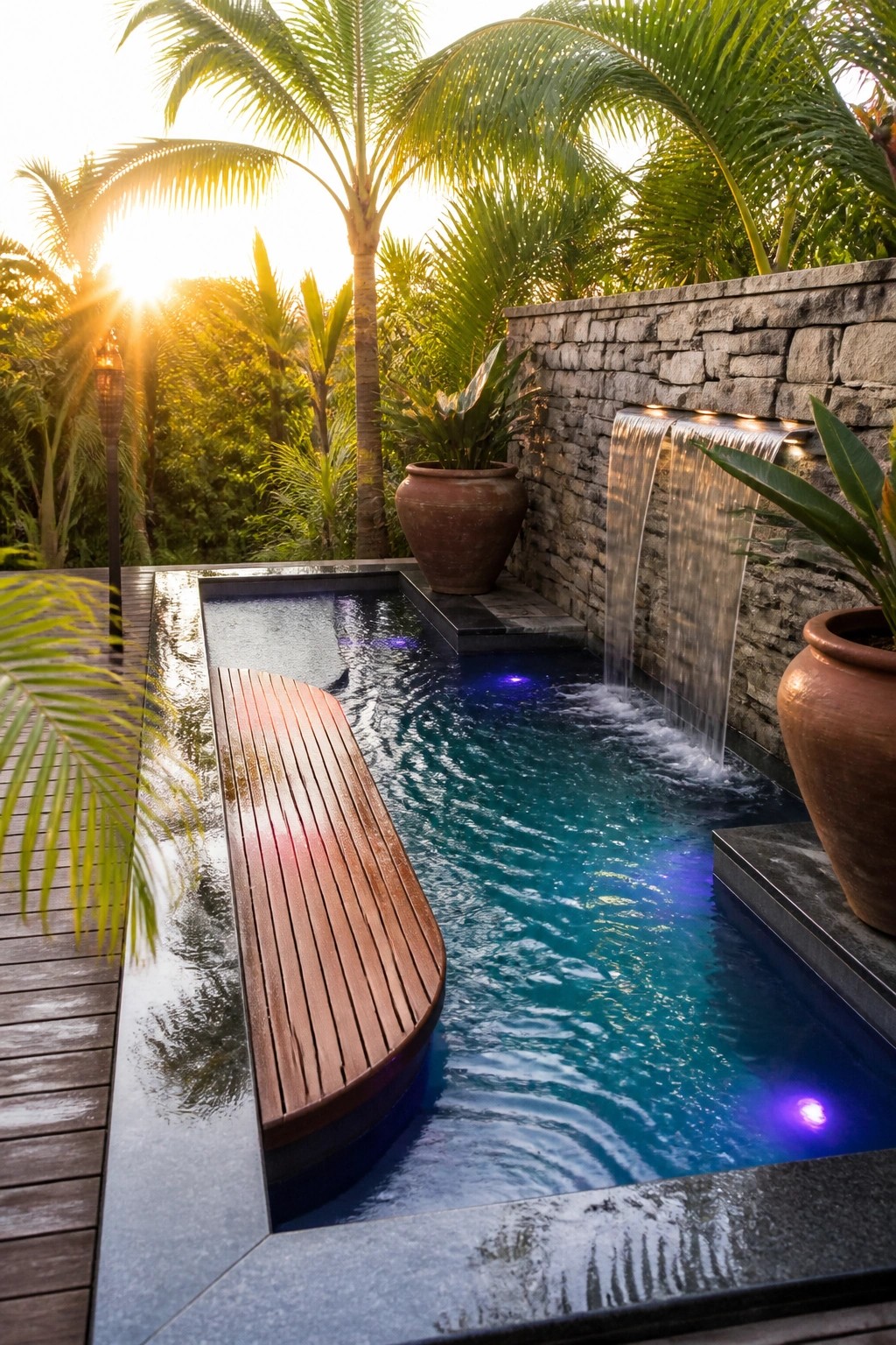 A small rectangular spool pool with a curved wooden bench integrated into one edge, a stone wall with a waterfall feature, and surrounding tropical plants.