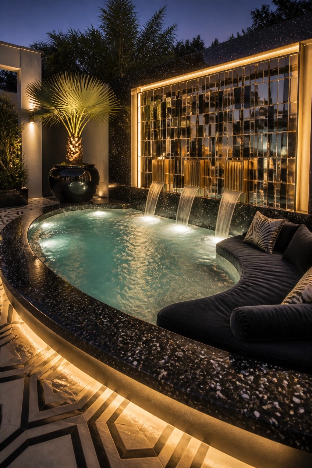 A small curved spool pool at night with built-in dark upholstered seating along one edge, three small waterfalls, and a mirrored wall with gold lighting.
