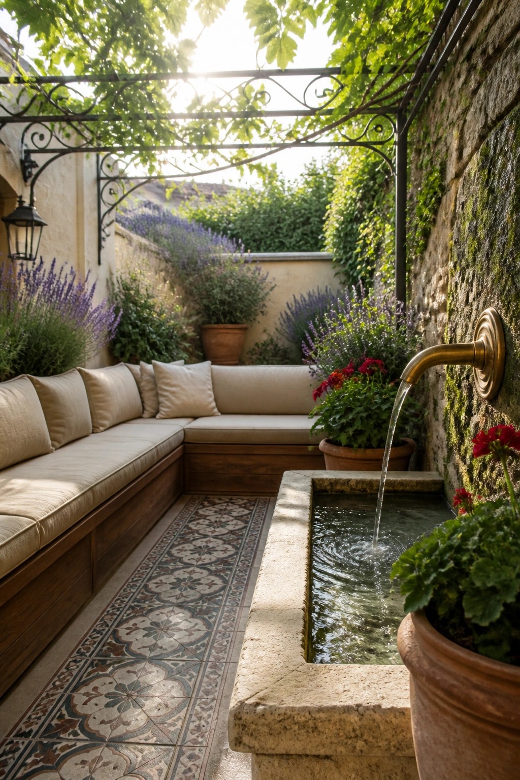 An outdoor patio corner with L-shaped built-in wooden seating, a rectangular stone water basin fed by a brass spout, and potted plants along a mossy stone wall.