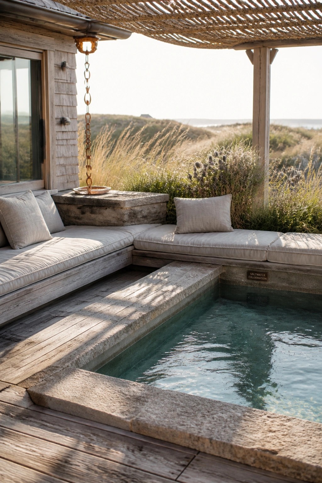 A small spool pool with built-in wooden benches and cushions beneath a rope shade structure overlooking grassy dunes.