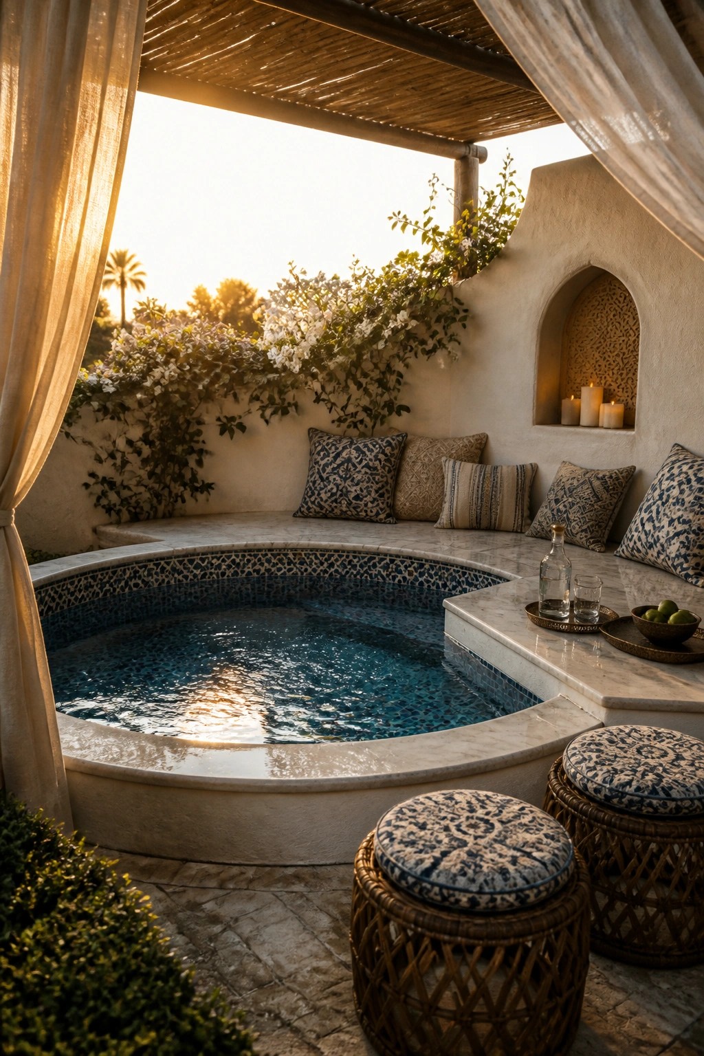 A small round spool pool with mosaic tile is surrounded by a curved stone bench with cushions, set under a thatched roof with curtains and a candle niche.