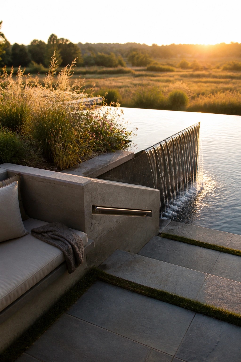 A concrete bench with cushions sits beside a spool pool featuring a waterfall edge, with stone steps and grasses visible in the background.