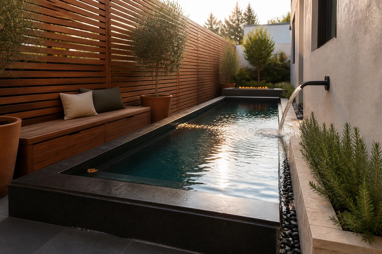 A narrow rectangular pool with dark stone edging runs beside a long wooden bench with cushions, with a wall-mounted fire feature visible at the far end of the courtyard.