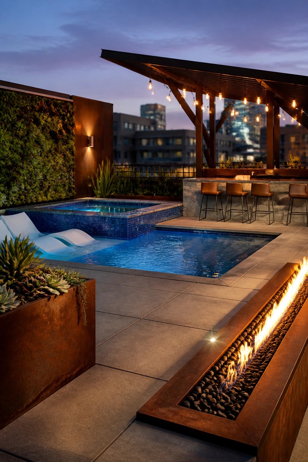 A rooftop terrace at dusk featuring a small rectangular spool pool, a long linear fire pit, a bar with four stools, and a green living wall.