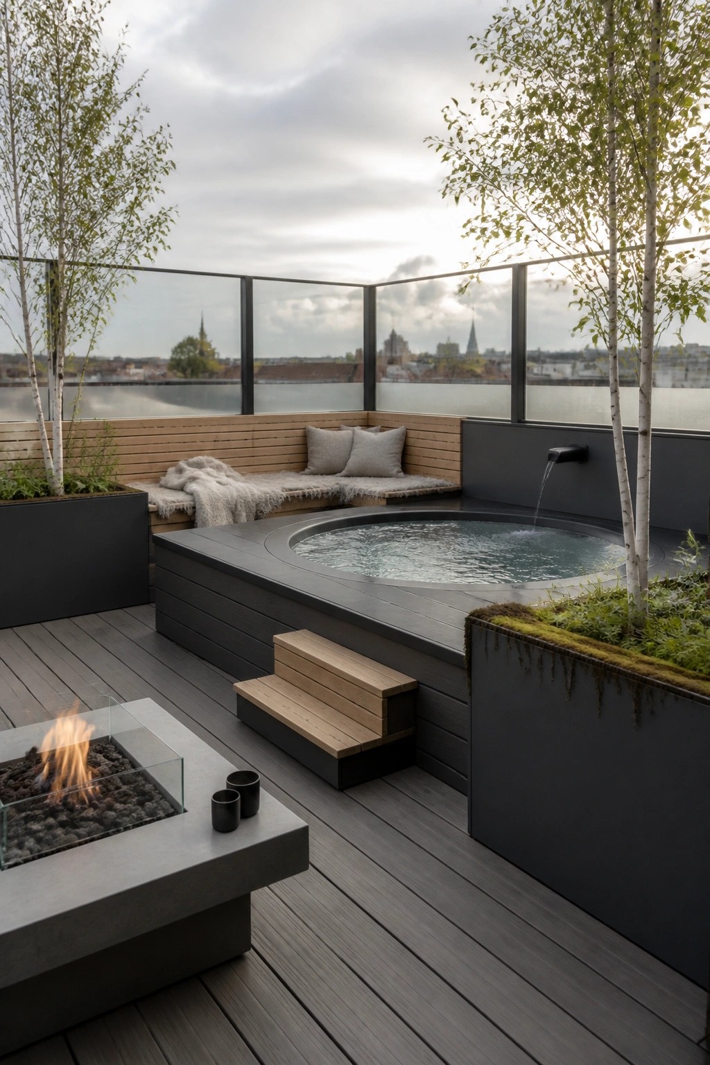 A rooftop terrace with a raised circular spool pool, wooden steps, built-in bench seating, a fire pit table, and trees along the perimeter overlooking a city skyline.