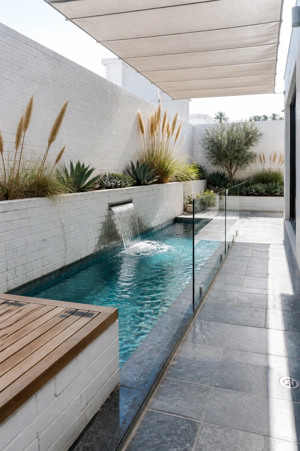 A long narrow spool pool with a waterfall spout runs along a white brick wall, bordered by raised planters with tall grasses and a glass railing on the opposite side.