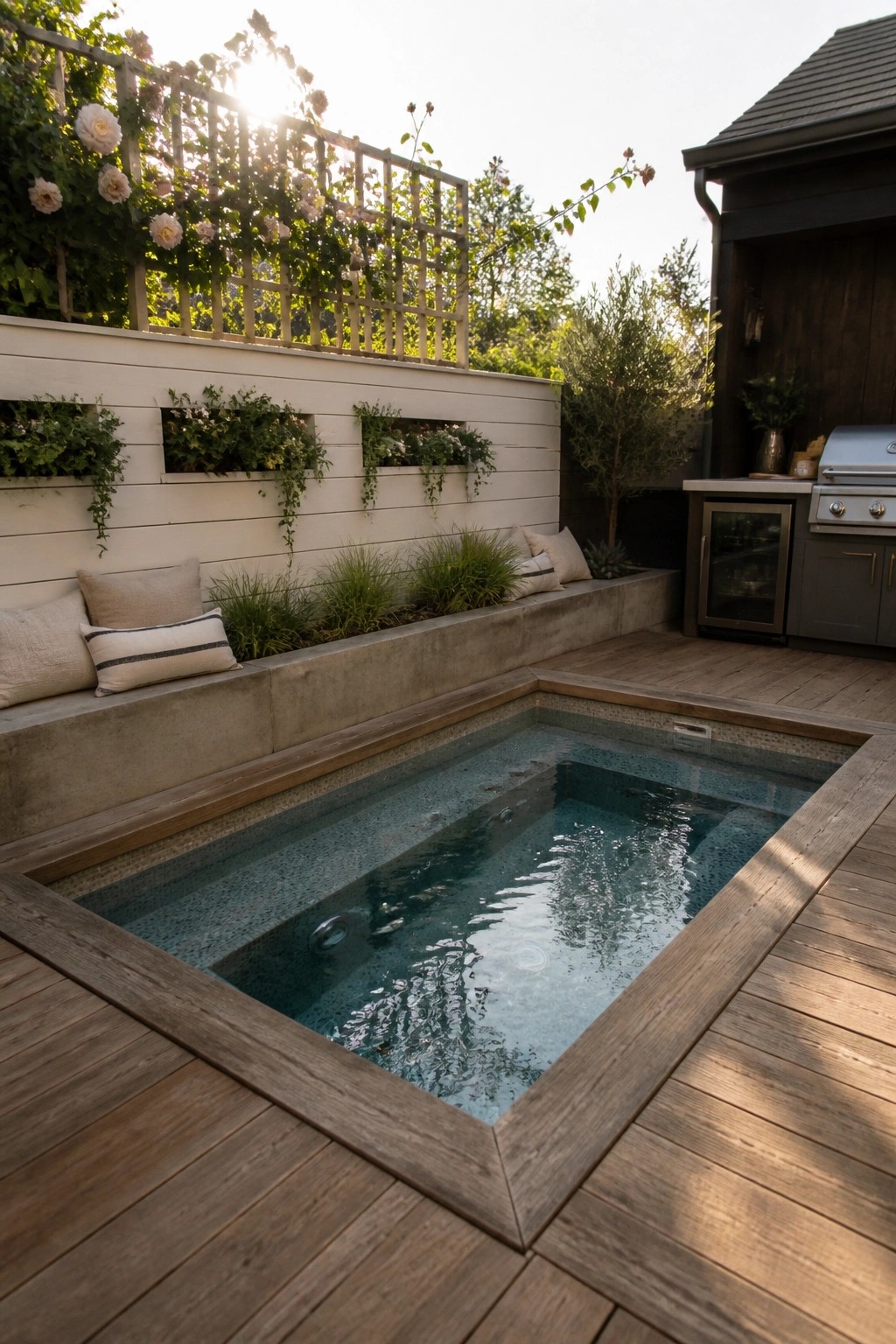 A rectangular spool pool set into a wooden deck with built-in concrete seating, wall planters, and an outdoor kitchen area in the background.