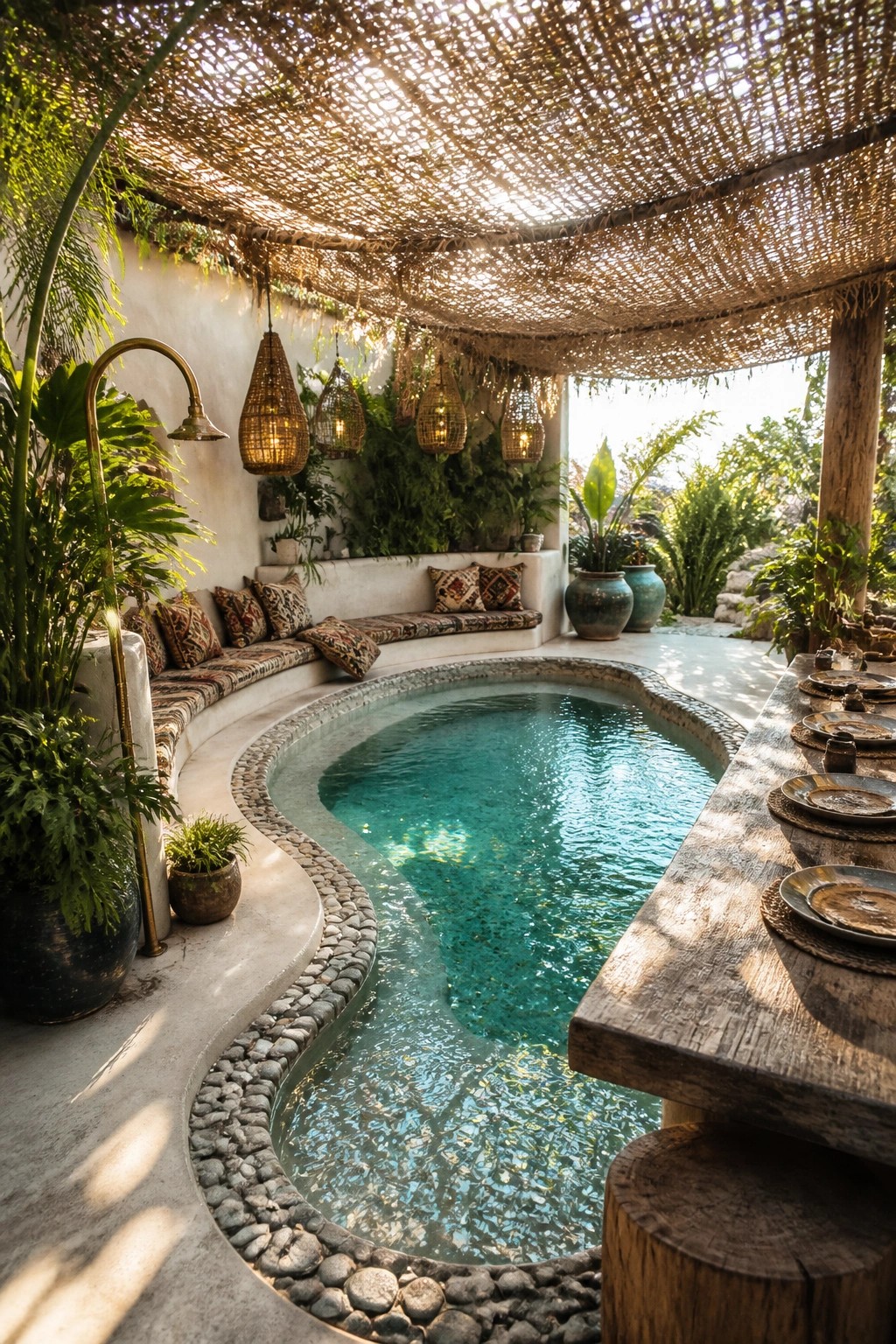 A small curved spool pool with pebble edging is surrounded by built-in cushioned seating and a wooden dining table under a woven overhead shade.