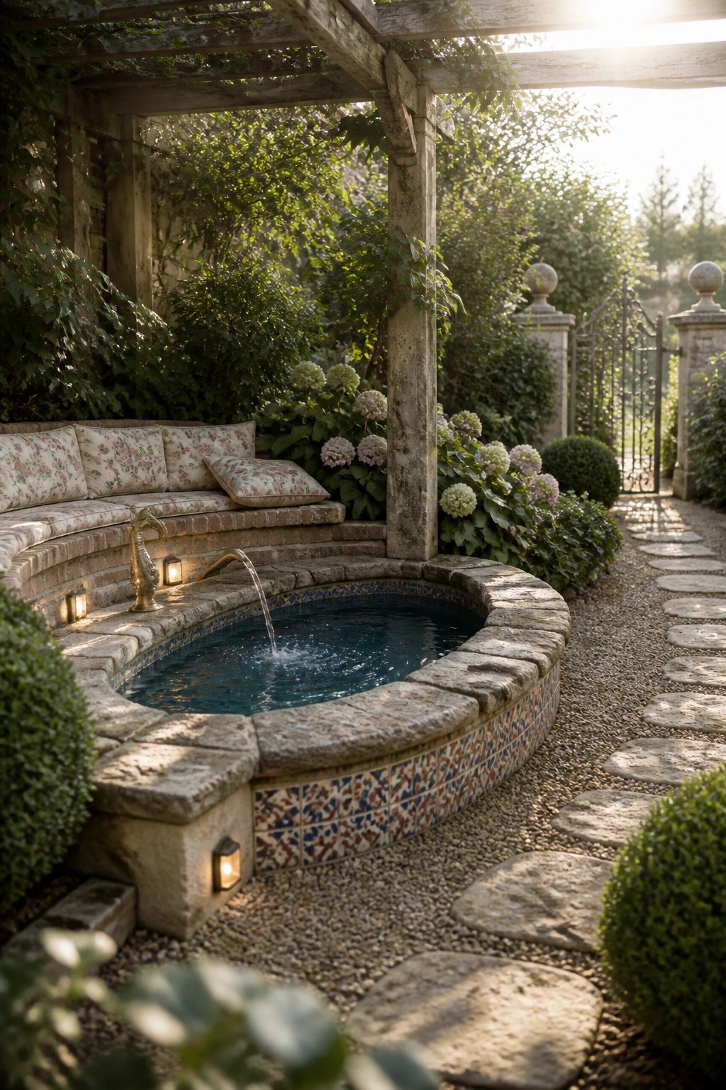 A circular stone and tile spool pool with a fountain spout is surrounded by curved brick seating with cushions in a garden with gravel paths.