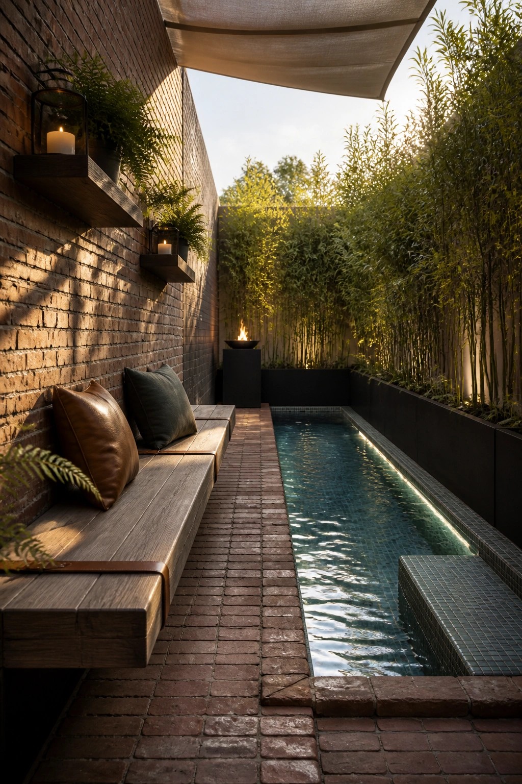 A narrow outdoor lap pool with a long wooden bench on the left against a brick wall and tiled steps on the right.