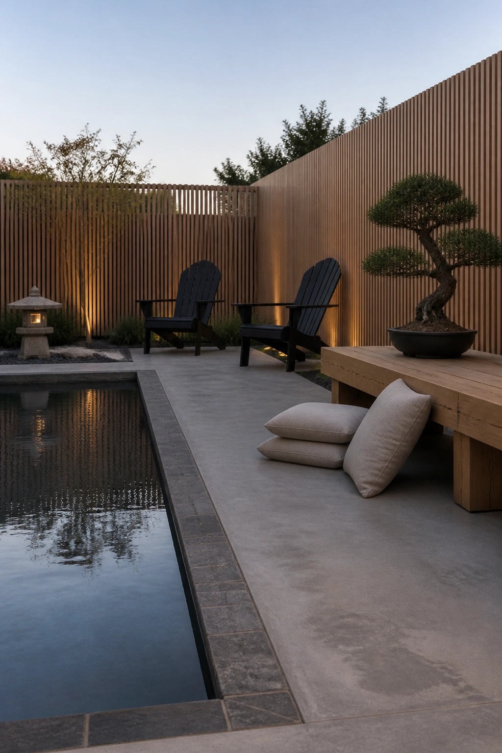 A narrow concrete pool deck at dusk features a long wooden bench with beige pillows, two black Adirondack chairs, a potted bonsai, and a stone lantern beside the water.