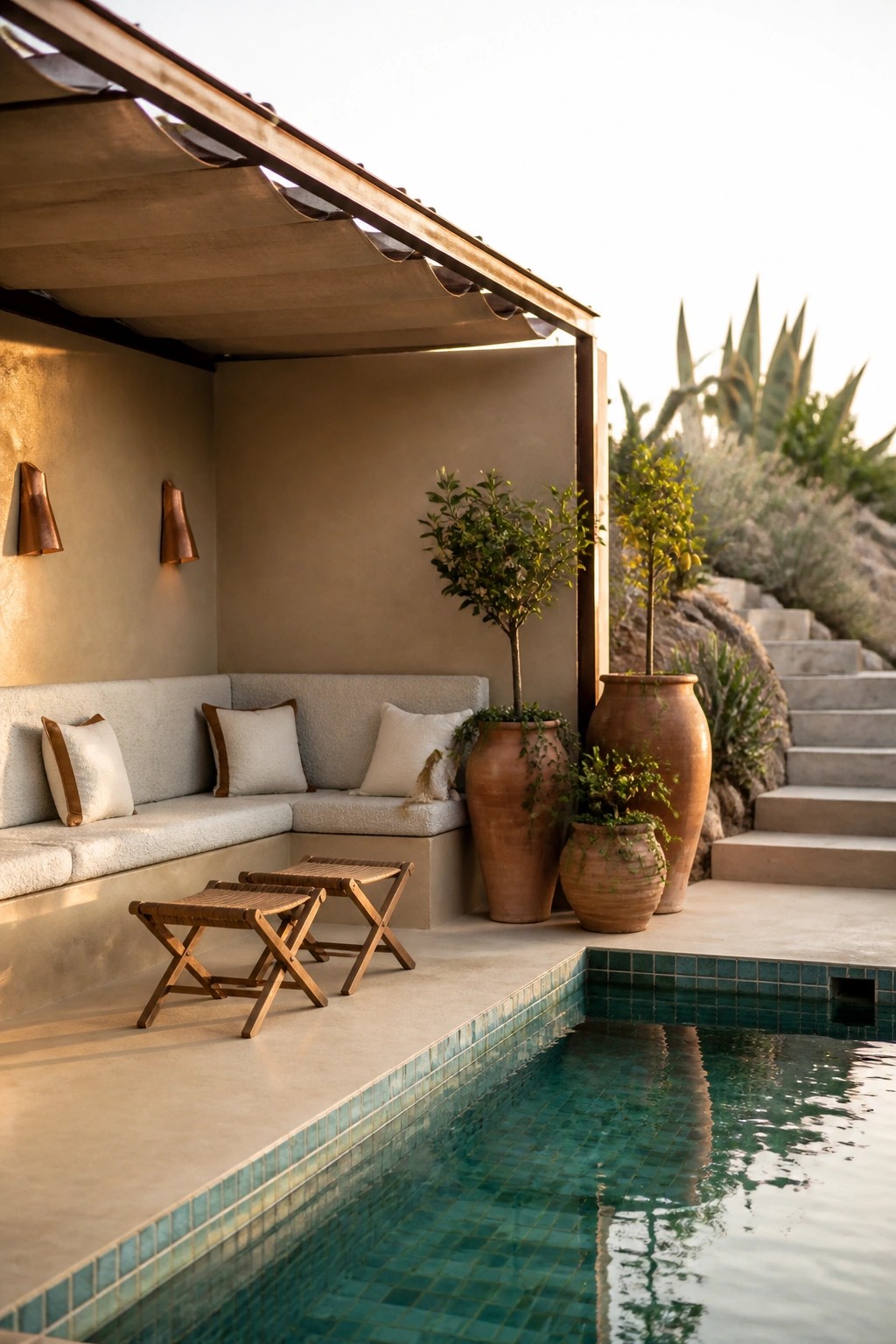 A covered outdoor seating area with a built-in bench and cushions sits beside a swimming pool, with wooden stools, large terracotta pots, and stone steps in the background.