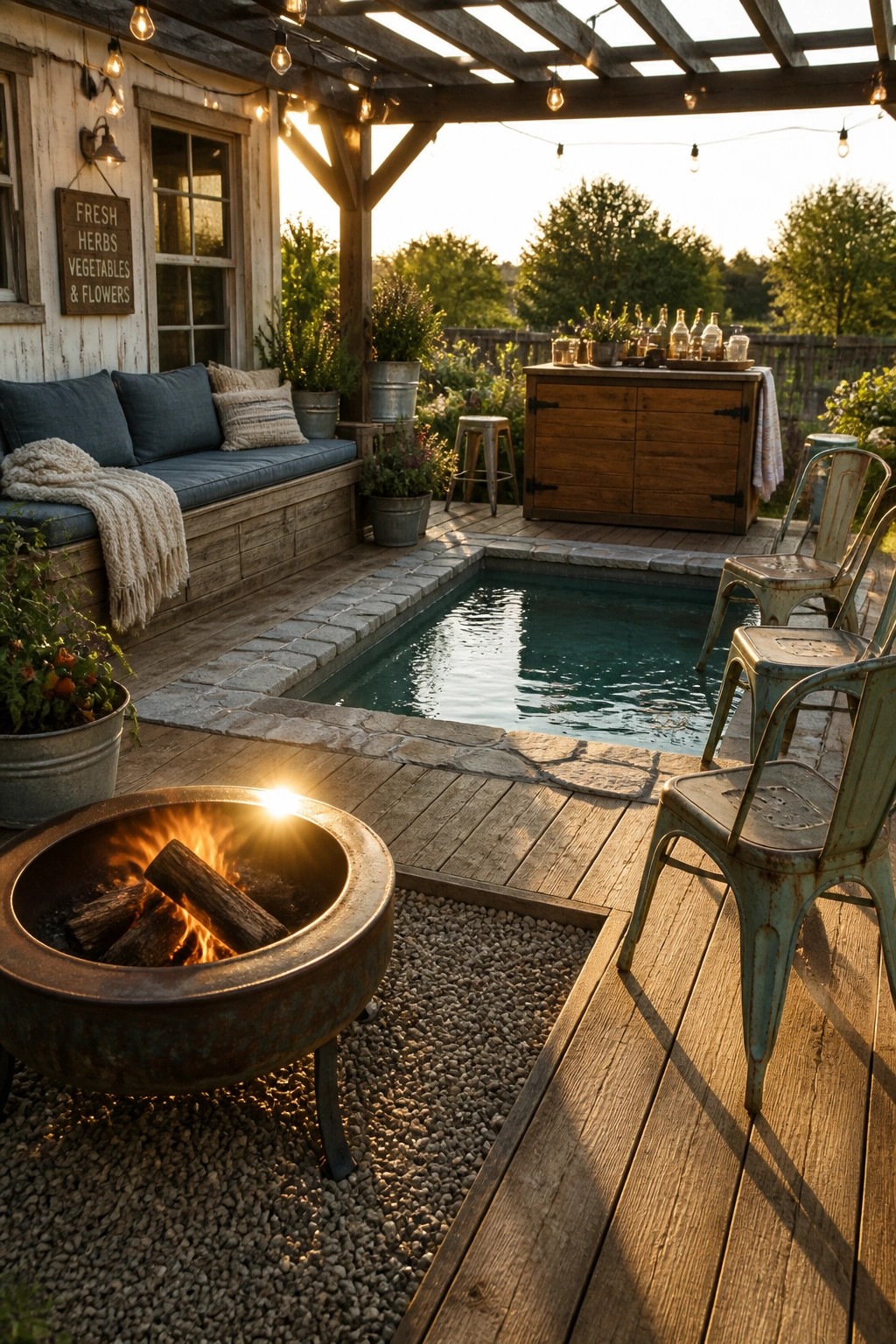 Rustic backyard patio with pool, fire pit, string lights, and wooden furniture at dusk.