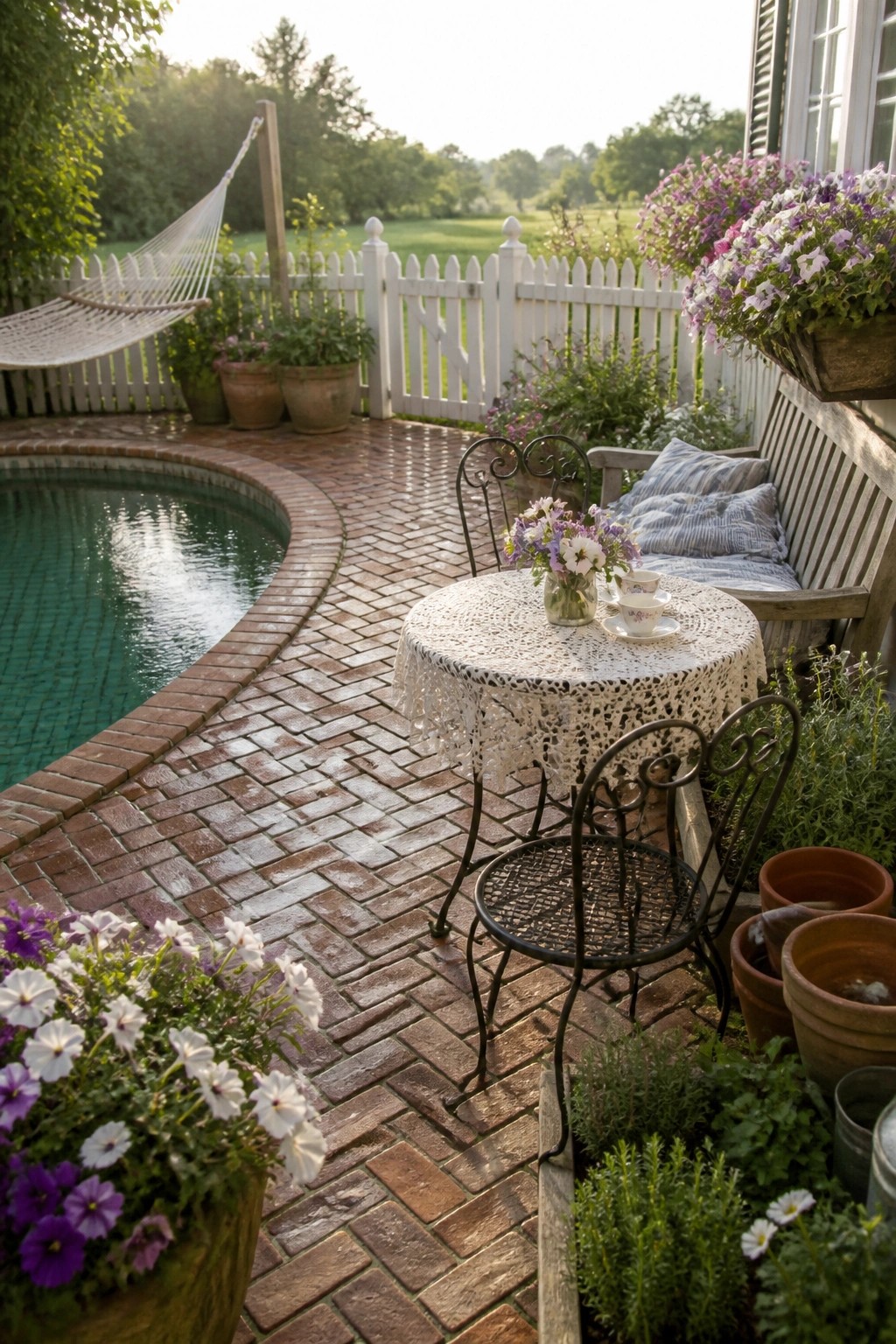 A brick pool deck shows a round table with a white lace cloth and two black metal chairs, positioned next to a curved pool with potted flowers and a wooden bench nearby.