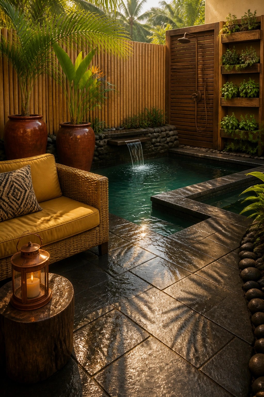 A small rectangular pool surrounded by dark stone decking, with a cushioned wicker sofa, terracotta pots, and an outdoor shower visible in a garden setting.